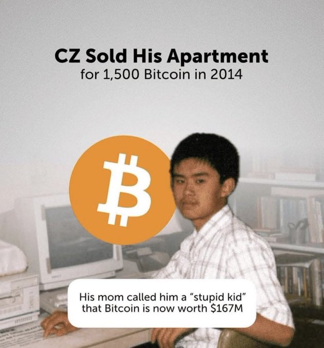 The lore card: young Changpeng Zhao at his computer — he sold his apartment for 1,500 bitcoin in 2014.